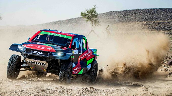 Yazeed Al-Rajhi on a charge at Jeddah Rally Toyota.